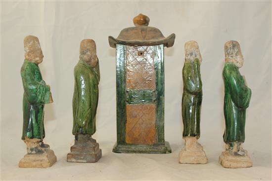 Four pottery tomb figures and a similar model of a shrine, Tang dynasty, 20.5cm and 26.5cm